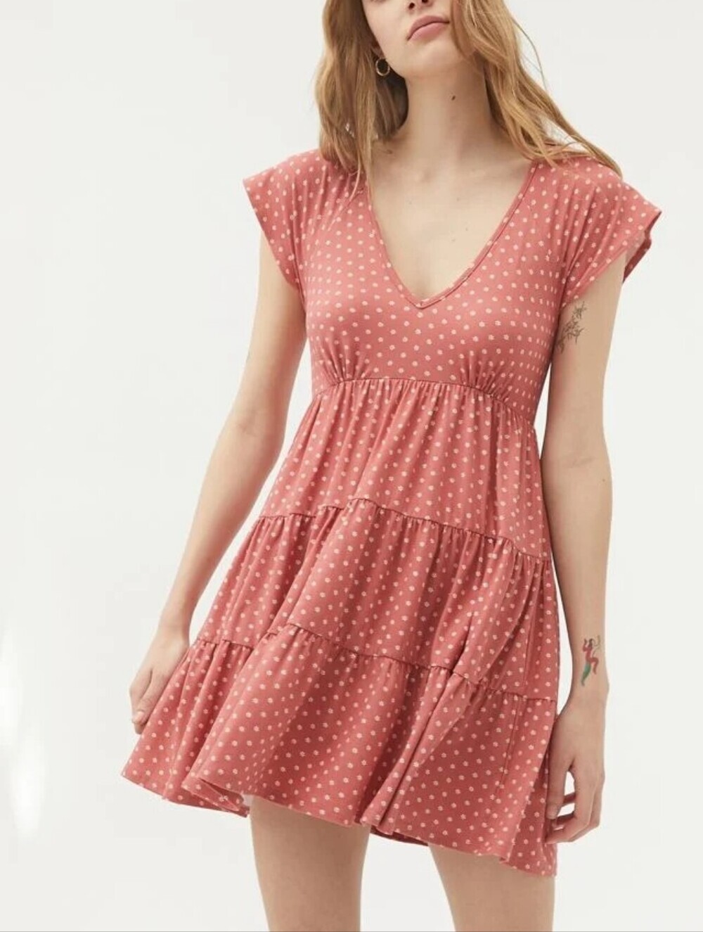 UO Julia Tiered Ruffle Mini Dress, Color Rusty Pink Size SP